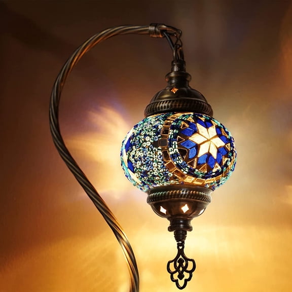 Turkish Mosaic Lamp, Blue Handmade Moroccon Lamp, Decorative Glass Antique Bohemian Vintage Colorful, Swan Neck Bedside Table Desk Lamp, (LED Bulb Included)
