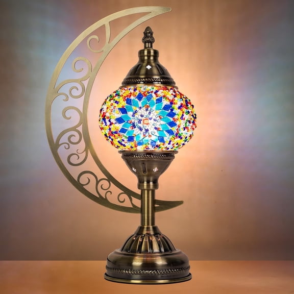Turkish Mosaic Lamp with Moon - 3 Color Tempertures Bedside Lamp for Bedroom with Moon Shaped, Moroccan Glass and Bronze Base, Night Light Decor, Includes LED Bulb