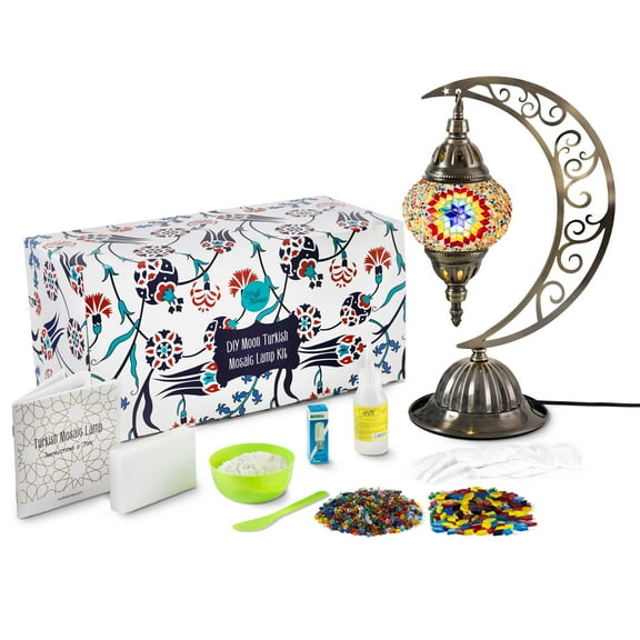 Turkish Mosaic Moon Lamp Making Kit | DIY Colorful Glass Decorative Table Desk Light | Craft Kit For Adults | Make Your Own Lamp | Living Room Bedroom | Mosaic Pieces, Beads, US-Plug (Multicolor)