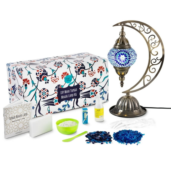 Turkish Mosaic Moon Lamp Making Kit | DIY Colorful Glass Decorative Table Desk Light | Craft Kit For Adults | Make Your Own Lamp | Living Room Bedroom | Mosaic Pieces, Beads, US-Plug (Blue)
