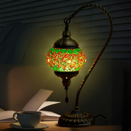 Turkish Mosaic Table Lamp, Moroccan Style Table Lamp with Metal Base 3 Colors Handmade Swan Neck Mosaic Glass Bedside Lamp for Bedroom and Living Room (LED Bulb Included)