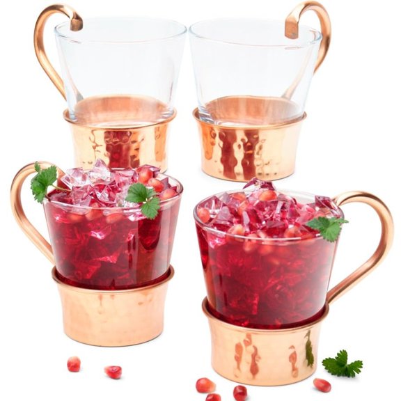 Turkish Mule Mugs Set of 4 100 Pure Copper Base and Glass Food Grade Hammered Finish