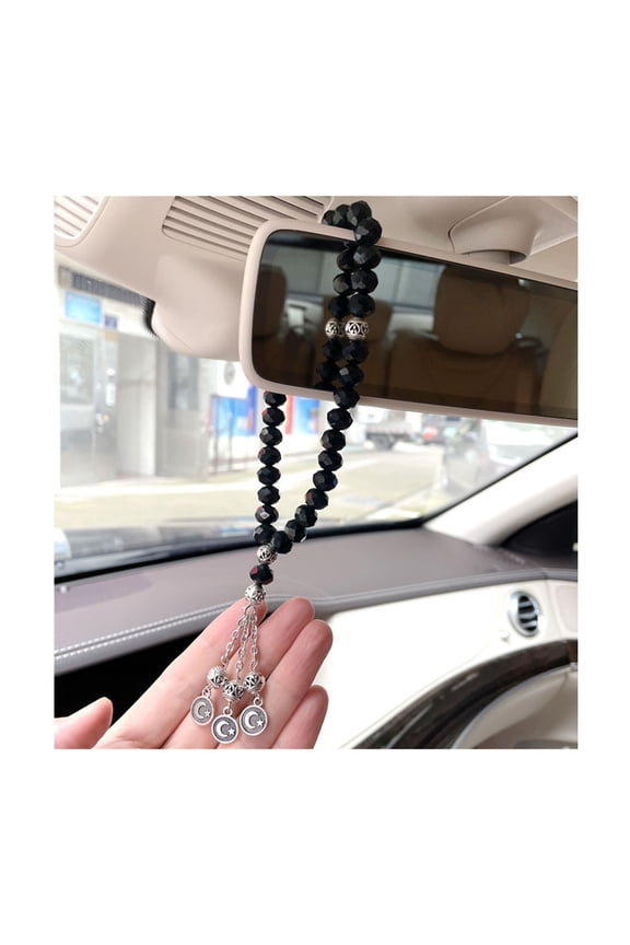 Turkish Muslim Prayer Beads - 33 Black Beads Tasbih Rosary with Crescent Moon Star Amulet for Car Rear View Mirror Pendant