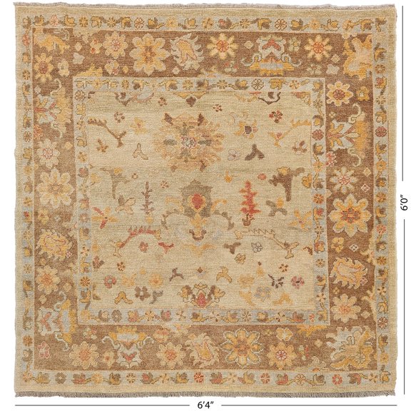 Turkish Oushak Traditional Hand Knotted Brown Floral Area Rug, 6'4"x6'0", Fringed