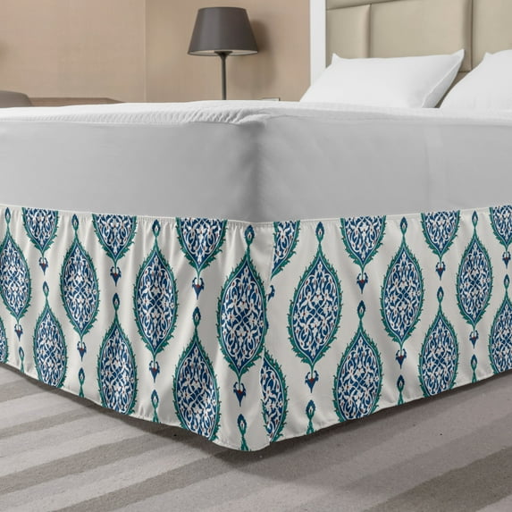Turkish Pattern Bed Skirt, Leaves in Symmetrical Order Cultures of the East Theme, Elastic Bedskirt Dust Ruffle Wrap Around for Bedding Decor, 4 Sizes, Multicolor, by Ambesonne