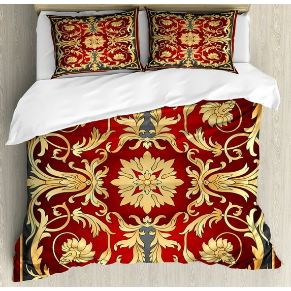 Turkish Pattern Duvet Cover Set King Size, Ottoman Spiral Foliage Pattern Frame Filigree Style Royal and Retro, Decorative 3 Piece Bedding Set with 2 Pillow Shams, Ruby Mustard Black, by Ambesonne