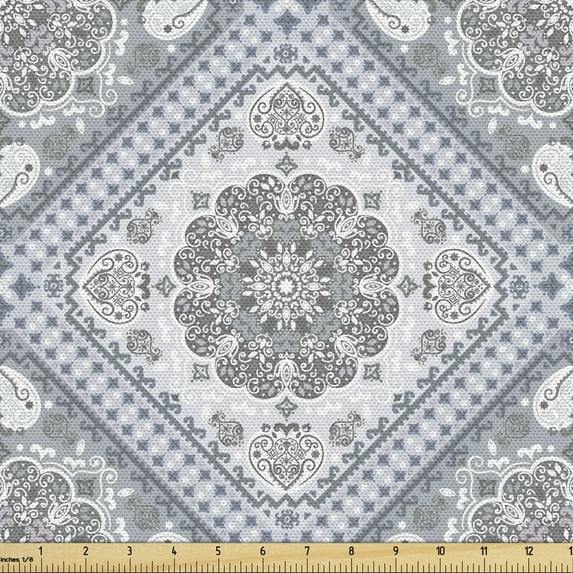Ambesonne Turkish Pattern Fabric by the Yard Upholstery, Boho Cold Swirls, 1 Yard, Pale Mauve White Grey