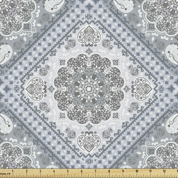 Ambesonne Turkish Pattern Fabric by the Yard Upholstery, Boho Cold Swirls, 3 Yards, Pale Mauve White Grey