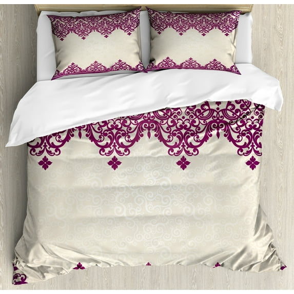 Turkish Pattern King Size Duvet Cover Set, Old Fashioned Borders with Spiral and Tangled Leaves in Rococo Style, Decorative 3 Piece Bedding Set with 2 Pillow Shams, Fuchsia Beige, by Ambesonne