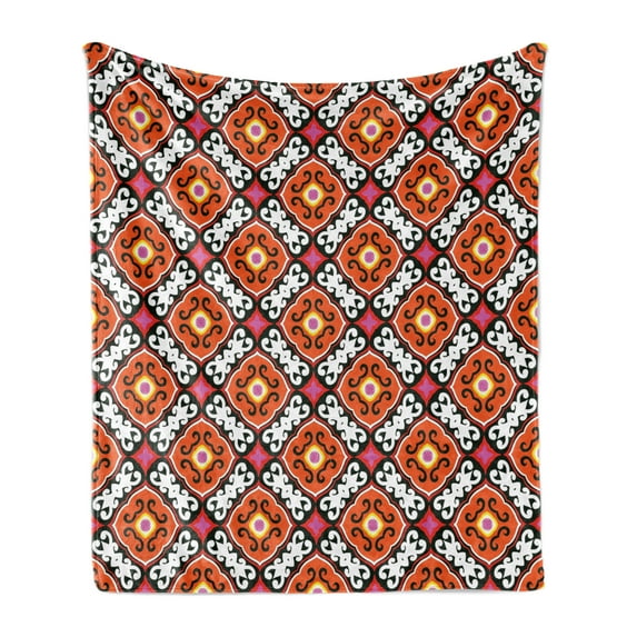 Turkish Pattern Soft Flannel Fleece Blanket, Bold Floral Motifs with Inspirations from Kazakhstan and Uzbekistan Tiles, Cozy Plush for Indoor and Outdoor Use, 50" x 60", Multicolor, by Ambesonne