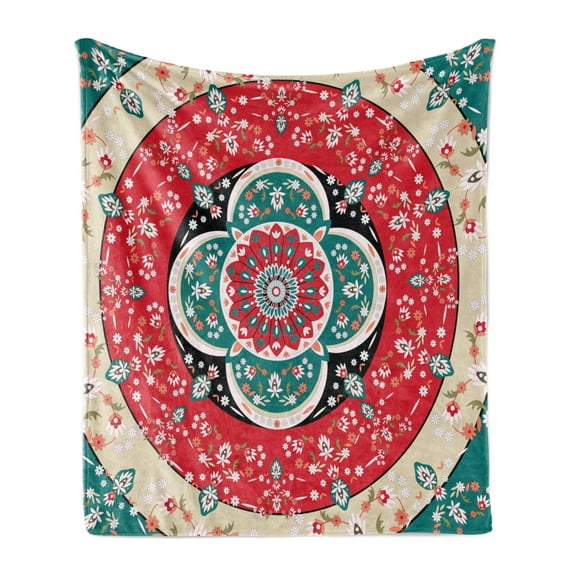 Turkish Pattern Soft Flannel Fleece Blanket, Circles with Little Pink Blossoms Traditional Floral Design Spring Inspired, Cozy Plush for Indoor and Outdoor Use, 50" x 60", Multicolor, by Ambesonne