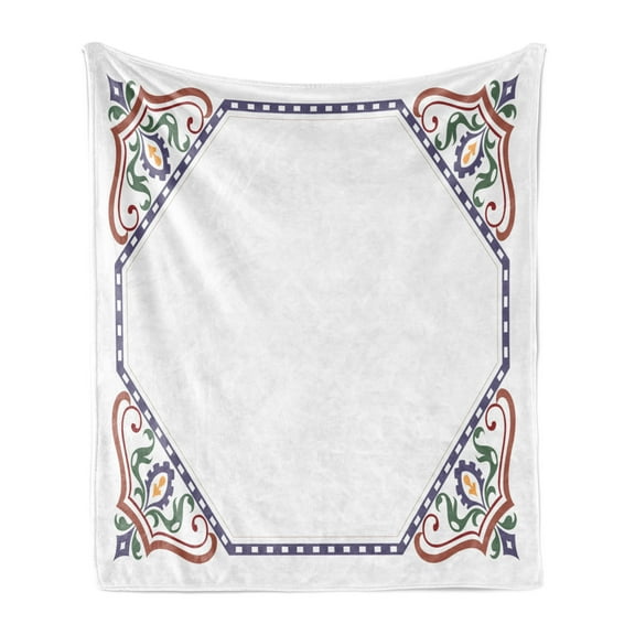 Turkish Pattern Soft Flannel Fleece Blanket, Geometric Frame with Curly Pastel Leaf Corners Antique and Oriental Swirls, Cozy Plush for Indoor and Outdoor Use, 60" x 80", Multicolor, by Ambesonne