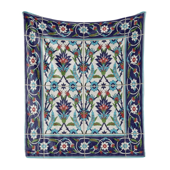 Turkish Pattern Soft Flannel Fleece Blanket, Mosaic Tiles with Nature Inspired Ornaments Tulips and Daisies with Curls, Cozy Plush for Indoor and Outdoor Use, 70" x 90", Multicolor, by Ambesonne