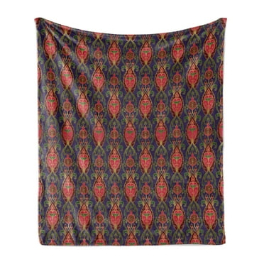 Turkish Pattern Soft Flannel Fleece Blanket, Oriental Botanical Pattern with Pomegranates and Leaves on Indigo Backdrop, Cozy Plush for Indoor and Outdoor Use, 50" x 60", Multicolor, by Ambesonne