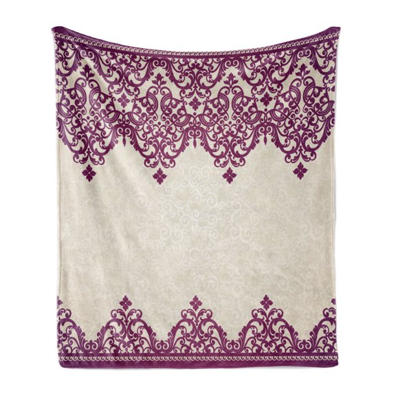 Turkish Pattern Soft Flannel Fleece Throw Blanket, Old Fashioned Borders with Spiral and Tangled Leaves in Rococo Style, Cozy Plush for Indoor and Outdoor Use, 70" x 90", Fuchsia Beige, by Ambesonne