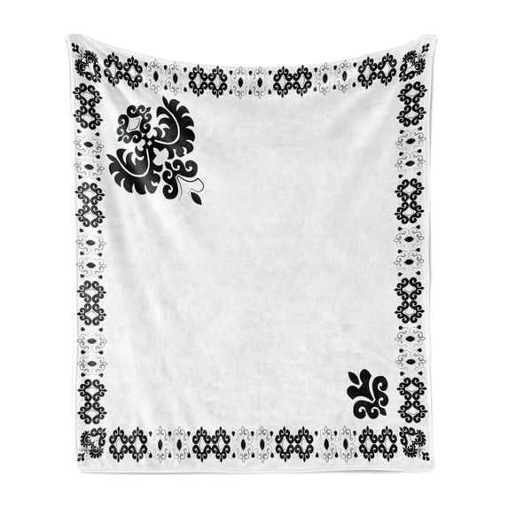 Turkish Pattern Soft Flannel Fleece Throw Blanket, Oriental Framework with Leaf Ornament Black and White Damask, Cozy Plush for Indoor and Outdoor Use, 50" x 60", Black White, by Ambesonne