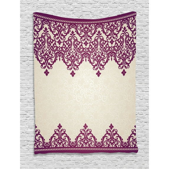 Turkish Pattern Tapestry, Old Fashioned Borders with Spiral and Tangled Leaves in Rococo Style, Wall Hanging for Bedroom Living Room Dorm Decor, 40W X 60L Inches, Fuchsia Beige, by Ambesonne