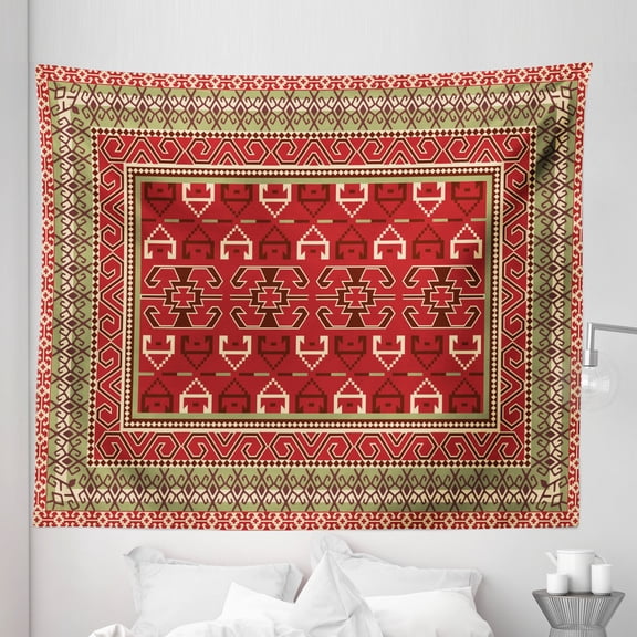 Turkish Pattern Tapestry, Rectangular Frames and Abstract Shapes with Ottoman Origins, Fabric Wall Hanging Decor for Bedroom Living Room Dorm, 5 Sizes, Pistachio Green Brown, by Ambesonne