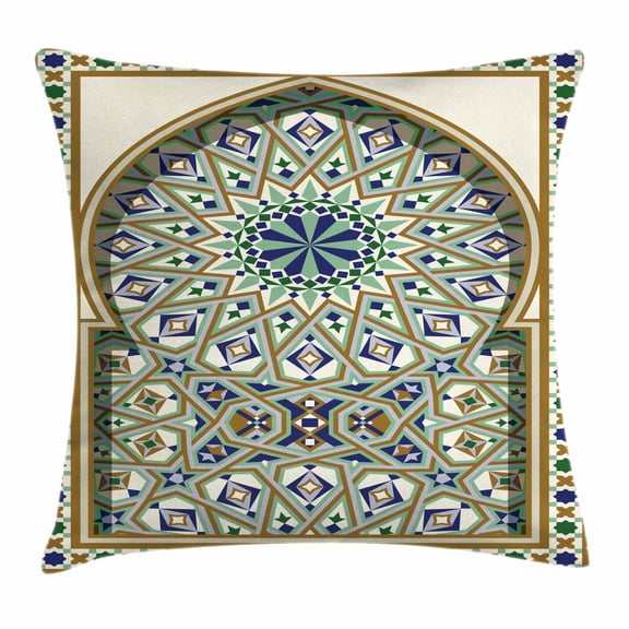 Turkish Pattern Throw Pillow Cushion Cover, Arabic Arch and Frame with Geometric Details Stars and Triangles, Decorative Square Accent Pillow Case, 16 X 16 Inches, Caramel Green Indigo, by Ambesonne