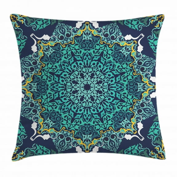 Turkish Pattern Throw Pillow Cushion Cover, Authentic Motifs of Ottoman Culture Round and Floral Shape, Decorative Square Accent Pillow Case, 16 X 16 Inches, Turquoise Dark Blue Yellow, by Ambesonne