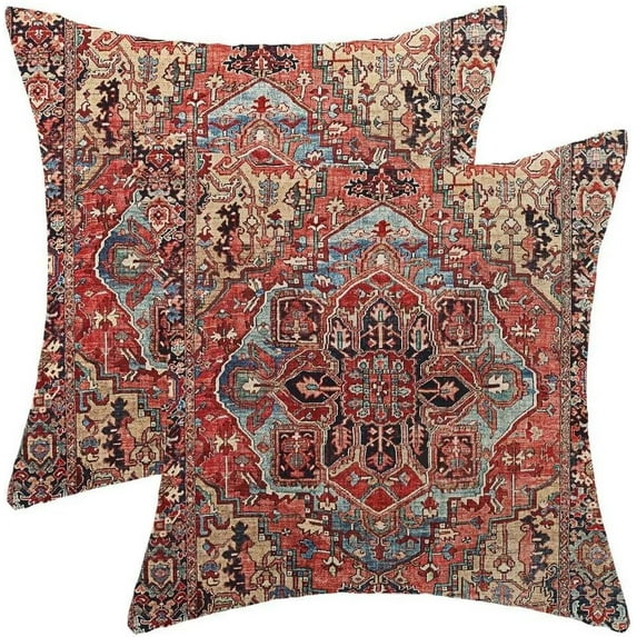 Turkish Persian Pillow Covers 20x20 Set of 2 Red Boho Vintage Style Decorative Throw Pillow Outdoor Linen Square Farmhouse Decor Retro Cushion Cover for Home Couch Sofa