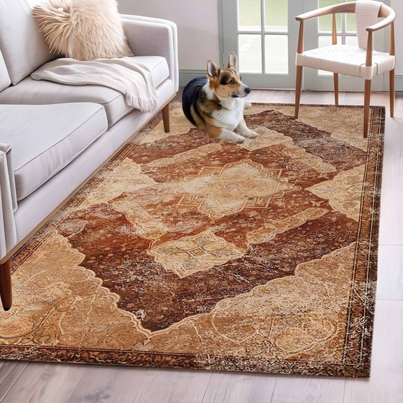 Turkish Retro Area Rugs 4x6 ft Brown Wallpaper Murals Medieval Washable Rug Non Slip Indoor Carpet Absorbent Floor Mat for Living Room Bedroom Dining Room