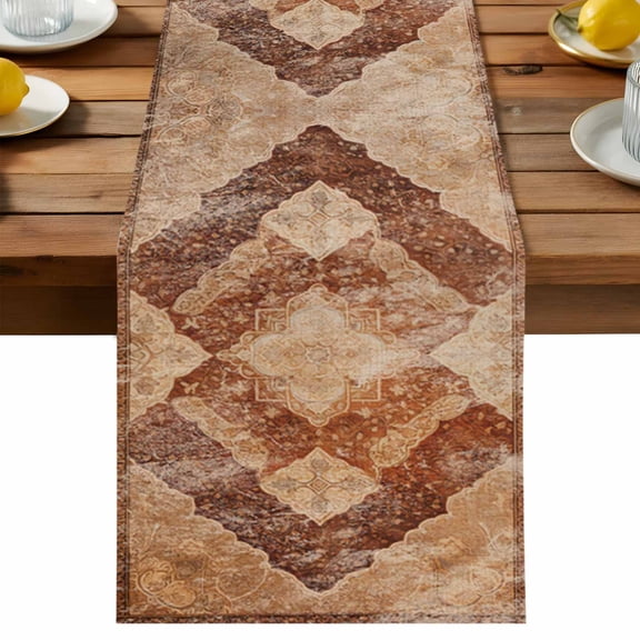 Turkish Retro Table Runner, Brown Wallpaper Murals Cotton Linen Table Cloth, Medieval Tablerunner for Kitchen Dining Party Wedding Home Decor 13x48 Inch