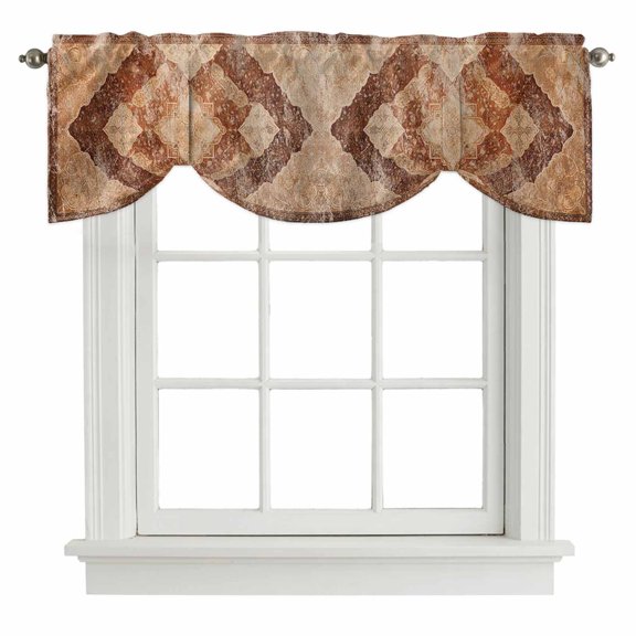 Turkish Retro Tie Up Valance for Windows Brown Wallpaper Murals Medieval Adjustable Curtain Valance Rod Pocket Balloon Shade Window Treatment for Kitchen Living Room Bedroom 42x12inch