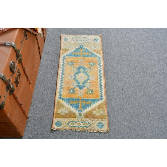 Turkish Rug, 1.2x2.9 ft Small Rugs, Vintage Rug, Oushak Rug, Rugs For Gift, Yellow Moroccan Rug, Oushak Small Rug, 12924