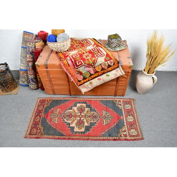 Turkish Rug, 1.7x3.8 ft Small Rug, Vintage Rug, Antique Rug, Rugs For Kitchen, Red Anatolian Rugs, Small Wool Rug, 13194