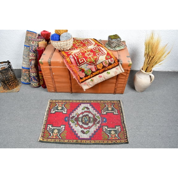 Turkish Rug, 1.8x2.8 ft Small Rug, Vintage Rug, Oushak Rug, Rugs For Bathroom, Red Anatolian Rugs, Personalized Door Mat Rug, 13191