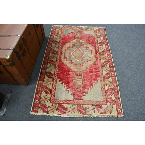 Turkish Rug, Accent Carpet, Vintage Rug, Home Decor Rug, 39x63 inches Red Carpet, Decorative Bedroom Rug, Bohemian Entry Carpet, 11895