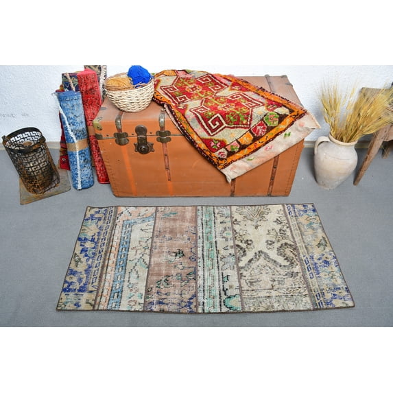 Turkish Rug, Patchwork Rug, Small Rugs, Anatolian Rug, Rugs For Entry, 2x4.1 ft Beige Rug, Door Mat Rug, Small Bathroom Rug, Wool Rug, 13426