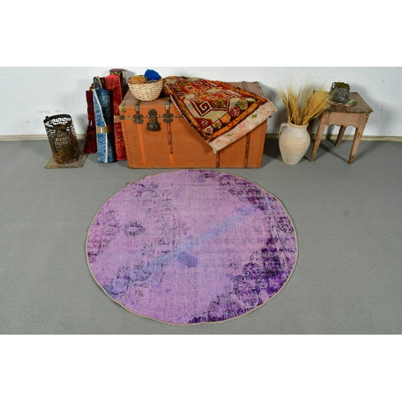 Turkish Rug, Round Rug, Vintage Rug, Accent Rug, Anatolian Rugs, Rugs For Kitchen, 4x4 ft Purple Rug, Overdyed Rugs, Entryway Rug, 13268