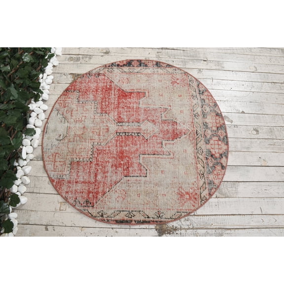 Turkish Rug, Rugs For Bathroom, , Vintage Rug, Red Colorful Rugs, Oushak Rug, Round Rug, 3.4x3.4 ft Small Rug, Tribal Wall Hanging Rugs
