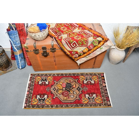 Turkish Rug, Small Rugs, Vintage Rug, Oushak Rug, Rugs For Gift, 1.7x3.5 ft Red Rug, Bathroom Rug, Floor Rug, Wool Rug, Gift For Her, 13330