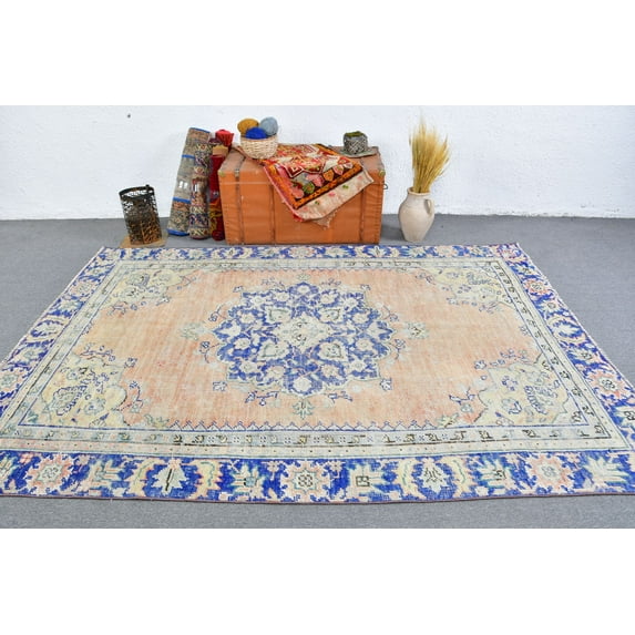 Turkish Rug, Vintage Rug, 6.2x8.9 ft Large Rug, Oushak Rug, Rugs For Bedroom, Orange Rug, Madellion Design Rug, Gift For The Home, 13120