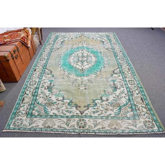 Turkish Rug, Vintage Rug, 6x9.8 ft Large Rugs, Oushak Rug, Rugs For Bedroom, Green Floor Rug, Gift For Him, Ethnic Salon Rug, 12883