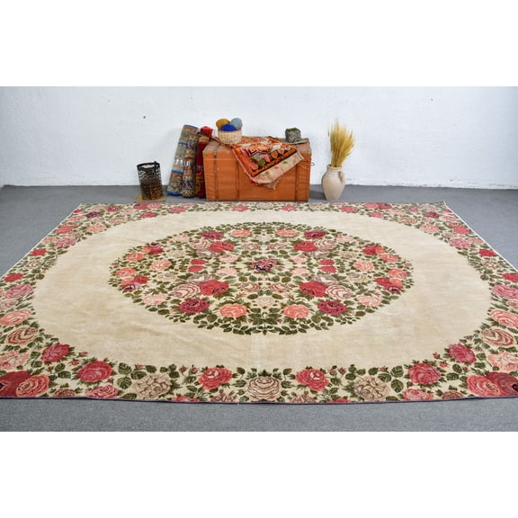 Turkish Rug, Vintage Rug, 8x11.5 ft Oversize Rugs, Floral Oushak Rug, Rugs For Dining Room, Beige Moroccan Rug, Ethnic Bedroom Rug, 13122