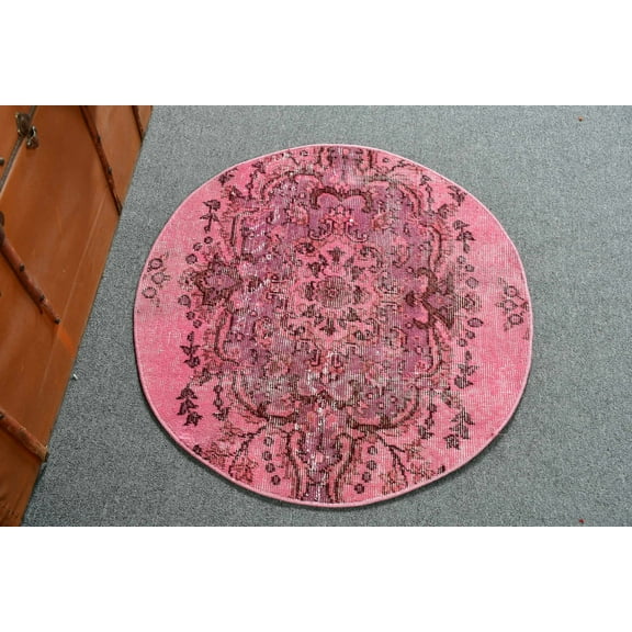 Turkish Rug, Vintage Rug, Round Rug, 2.5x2.6 ft Small Rugs, Overdyed Oushak Rug, Rugs For Bedroom, Pink Wool Rug, Housewarming Gift, 12990