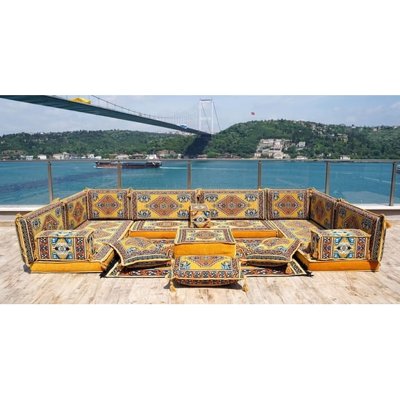 Turkish Sofa Bed, Arabic Majlis Seating, Yellow Floor Cushions, U Shaped Floor Couch, Convertible Sofa Bed, Floor Seating for Adults