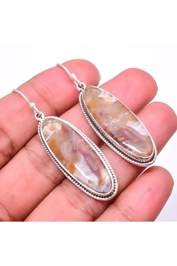 Turkish Stick Agate -Turkey Designer Handmade 925 Silver Plated Earring 1.95", Stick Agate Earring E_8014_342_1