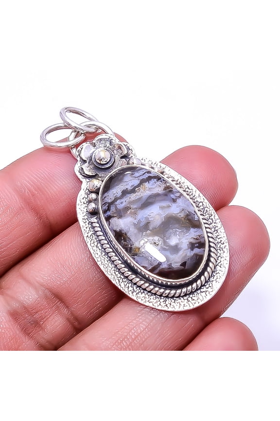 Turkish Stick Agate -Turkey Designer Handmade 925 Sterling Silver Pendant 1.95", Brown Stick Agate Pendant P_8057_315_34