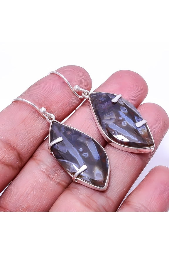 Turkish Stick Agate -Turkey Designer Handmade 925 Sterling Silver Earring 1.76", Brown Stick Agate Earring E_7998_332_37