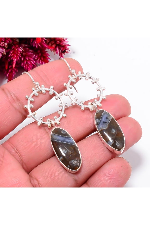 Turkish Stick Agate - Turkey Designer Handmade 925 Sterling Silver Earring 2.34" Sku27, Blue Earring, Natural Gemstone Earring
