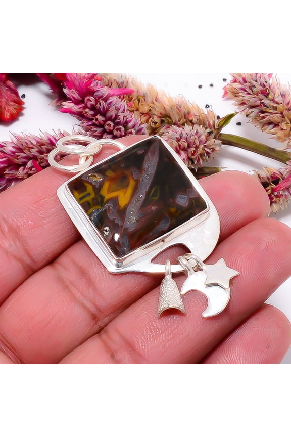 Turkish Stick Agate - Turkey Designer Handmade Pandent With Charm 925 Sterling Silver Pendant 2.15" Sku28, Brown Pendant, Natural Gemstone Pendant