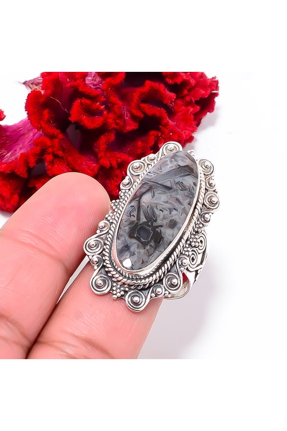 Turkish Stick Agate - Turkey Fine Art Oxidised 925 Sterling Silver Ring S.10 R102447, Christmas Gift