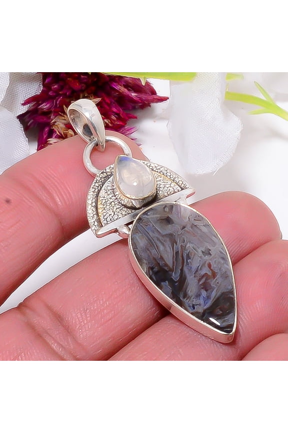 Turkish Stick Agate - Turkey & Rainbow Moonstone - India Designer Handmade 925 Sterling Silver Pendant 2.15" Sku16, Brown Pendant, Natural Gemstone Pe