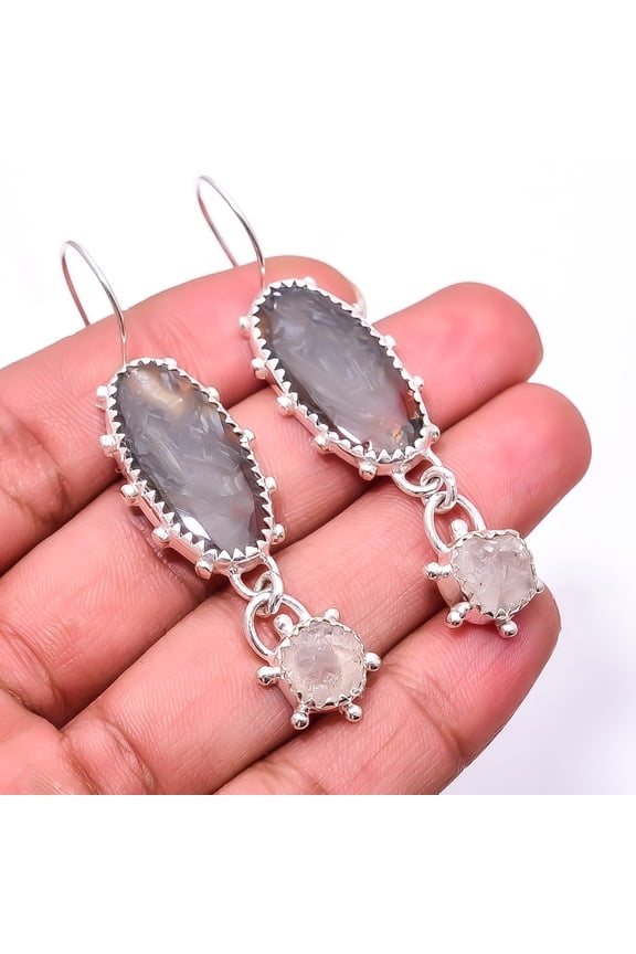 Turkish Stick Agate - Turkey & Rough Rose Quartz 925 Sterling Silver Earring 2.34" E38, Beautiful Jewelry For Woman, New Year Sale, Valentin's Day Gif