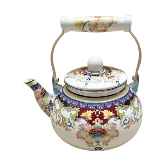 Turkish Style Floral Tea Kettle, Enameled Porcelain Whistling Teapot with Non-Slip Grip Handle, Large Capacity Stovetop Water Boiler for Home Kitchen Use